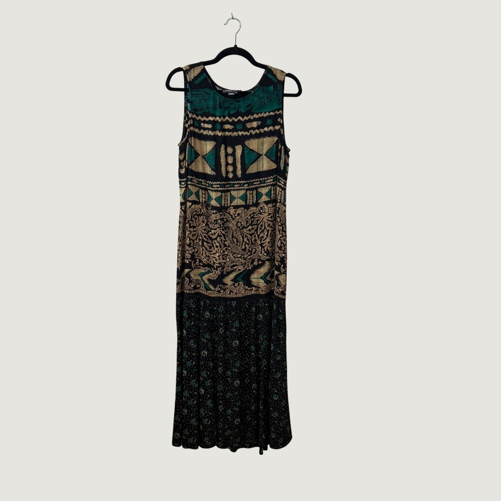 Carole Little Maxi Dress Green Black Tribal Print Size 10 Vintage Boho Eclectic